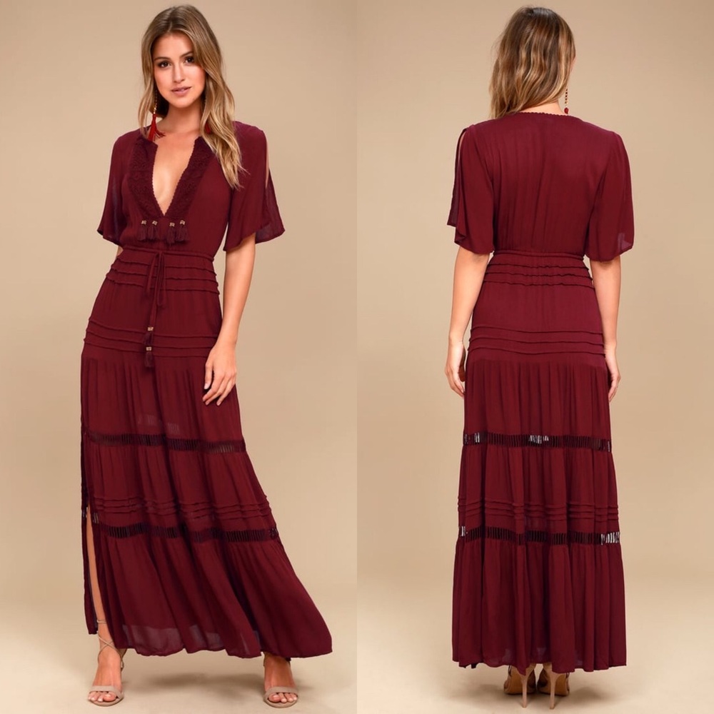 Lulu’s Santa Fe Crochet Burgundy Boho Maxi Dress